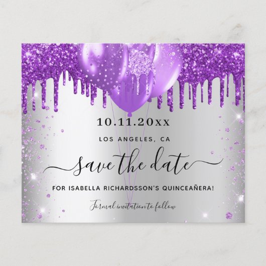 Quinceanera zilver paars budget save the date flyer (Voorkant)