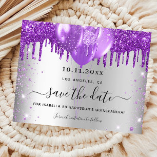 Quinceanera zilver paars budget save the date flyer