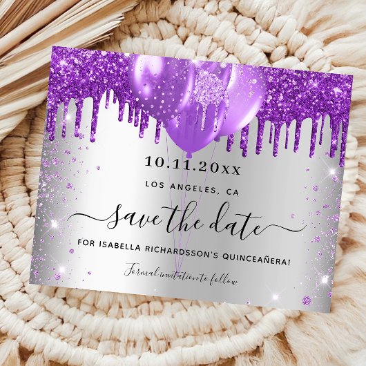 Quinceanera zilver paars budget save the date flyer