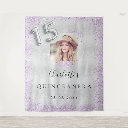 Quinceanera zilver paarse glitters foto welkom wandkleed (Voorkant)