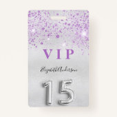 Quinceanera zilver paarse glitters VIP uitnodiging Badge (Voorkant)