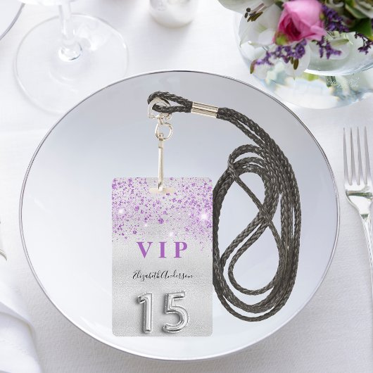 Quinceanera zilver paarse glitters VIP uitnodiging Badge