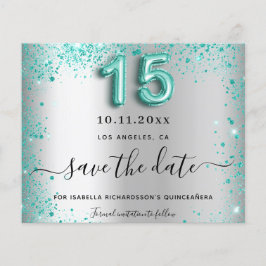 Quinceanera zilver teal budget save the date flyer