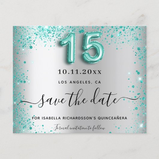 Quinceanera zilver teal budget save the date flyer (Voorkant)