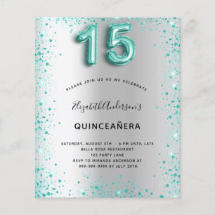 Quinceanera zilver teal glitters budget uitnodigin flyer