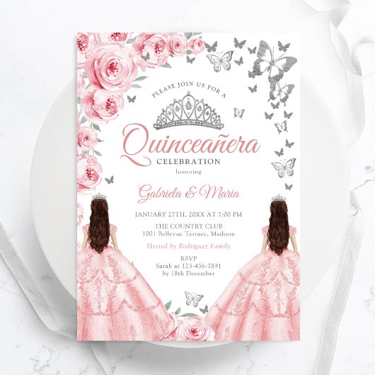 Quinceanera Zilver Wit Roze Bloemen Tweeling Kaart