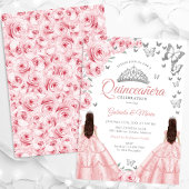 Quinceanera Zilver Wit Roze Bloemen Tweeling Kaart