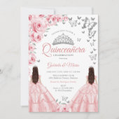 Quinceanera Zilver Wit Roze Bloemen Tweeling Kaart (Voorkant)