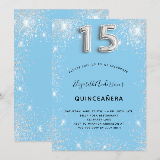 Quinceanera zilverblauw glitsstof kaart (Voorkant / Achterkant)
