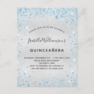 Quinceanera zilverblauw glitterspinkel uitnodiging briefkaart