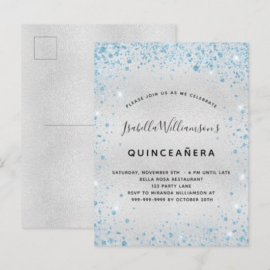 Quinceanera zilverblauw glitterspinkel uitnodiging briefkaart (Voorkant / Achterkant)