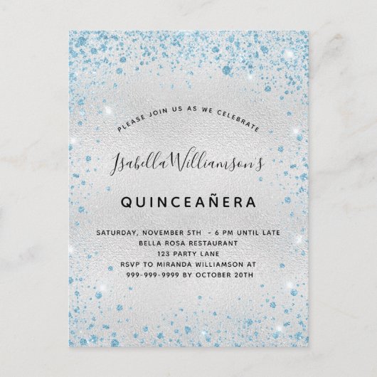 Quinceanera zilverblauw glitterspinkel uitnodiging briefkaart (Voorkant)