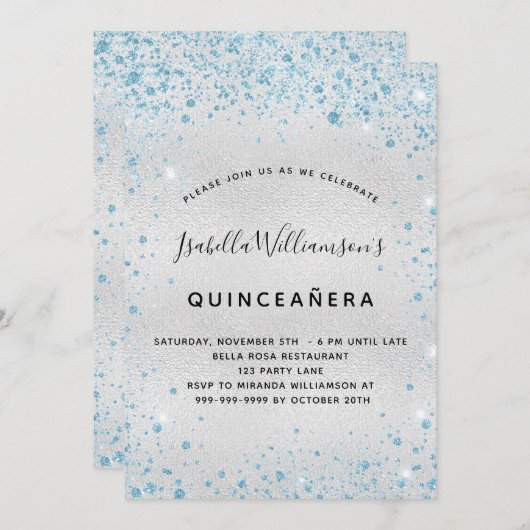 Quinceanera zilverblauwe glitter kaart (Voorkant / Achterkant)