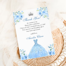 Quinceanera zilveren blauwe bloemenjurk bedankkaar