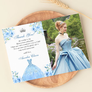 Quinceanera zilveren blauwe bloemjurk bedankkaart kaart