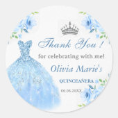 Quinceanera zilveren blauwe bloemjurk ronde sticker (Voorkant)