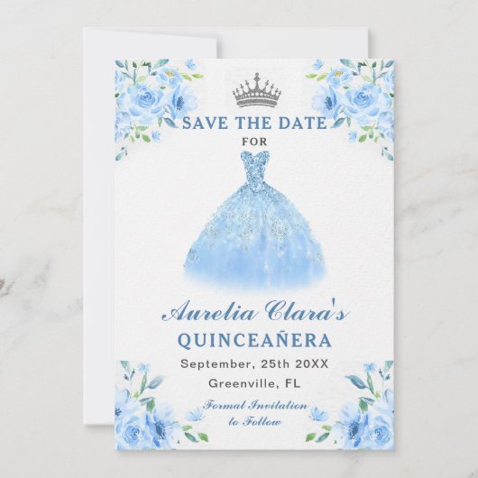 Quinceanera zilveren blauwe bloemjurk save the date (Voorkant)