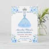 Quinceanera zilveren blauwe bloemjurk save the date (Staand voorkant)