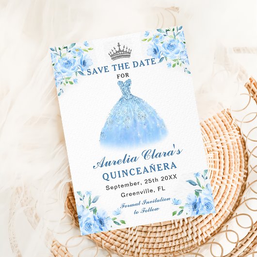 Quinceanera zilveren blauwe bloemjurk save the date