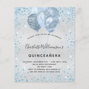 Quinceanera zilveren blauwe glitters budget uitnod flyer