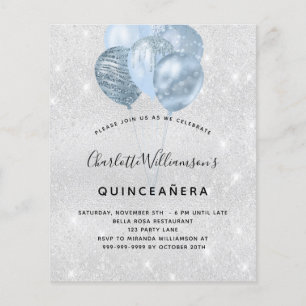 Quinceanera zilveren blauwe glitters budget uitnod flyer