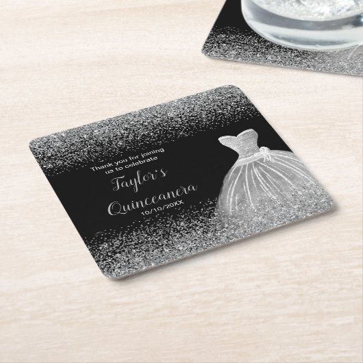 Quinceanera zilveren faux glitter kartonnen onderzetters (Schuin)