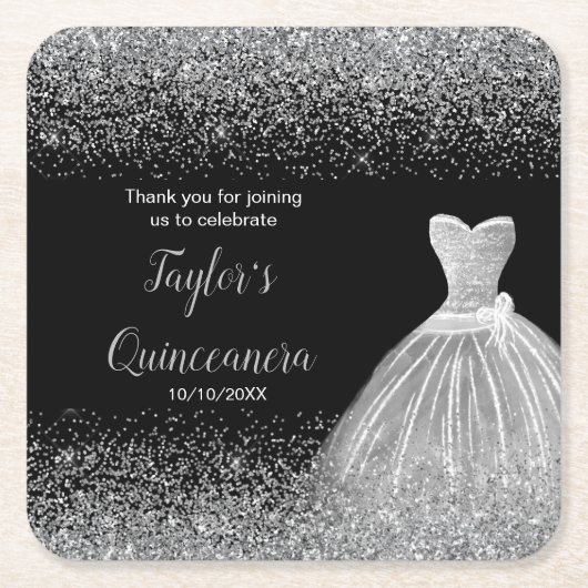 Quinceanera zilveren faux glitter kartonnen onderzetters (Voorkant)