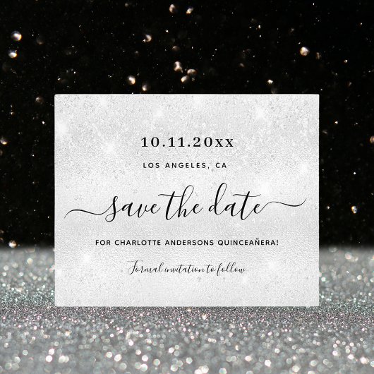 Quinceanera zilveren glitter budget save the date flyer