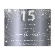 Quinceanera zilveren glitter budget save the date