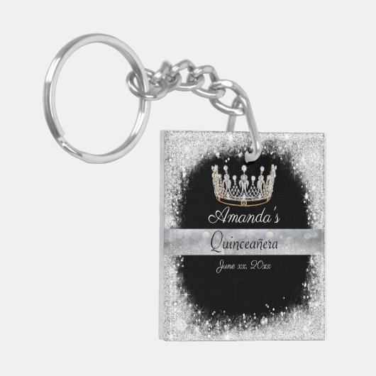 Quinceanera Zilveren Glitter Diamanten Prinsessen  Sleutelhanger (Voorkant Links)