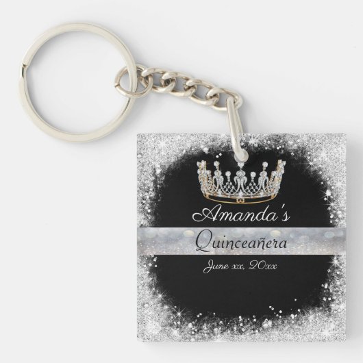Quinceanera Zilveren Glitter Diamanten Prinsessen  Sleutelhanger (Voorkant)