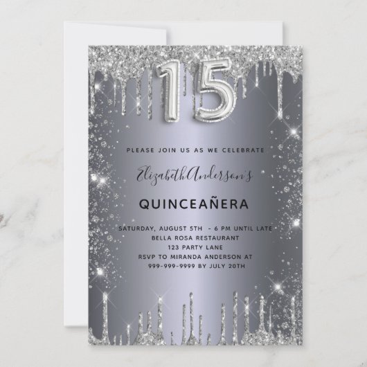 Quinceanera zilveren glitter druppels kaart (Voorkant)