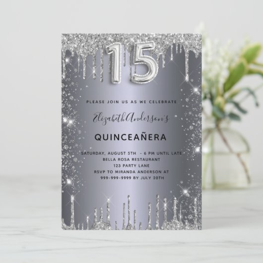 Quinceanera zilveren glitter druppels kaart (Staand voorkant)