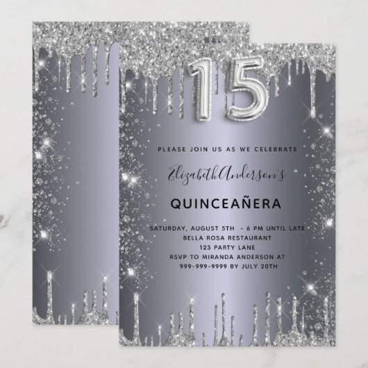Quinceanera zilveren glitter druppels kaart (Voorkant / Achterkant)