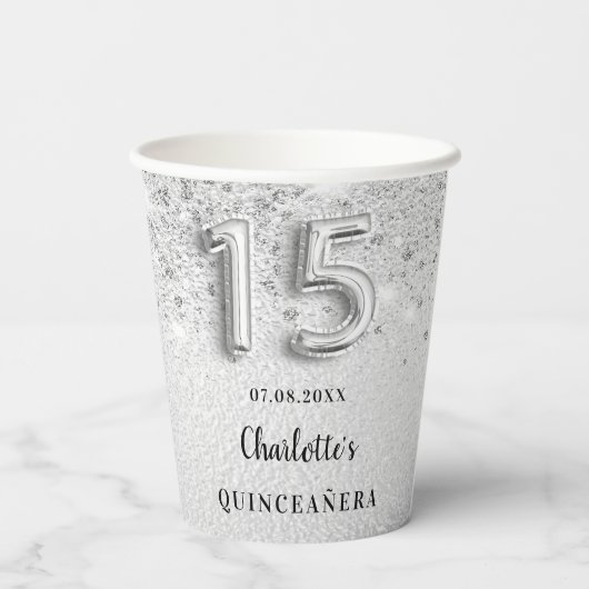 Quinceanera zilveren glitter naam elegante partij papieren bekers (Achterkant)