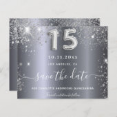 Quinceanera zilveren glitter save the date (Voorkant / Achterkant)