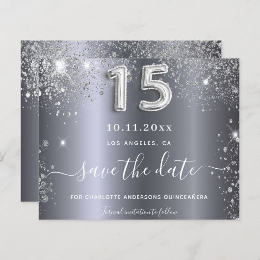 Quinceanera zilveren glitter save the date (Voorkant / Achterkant)