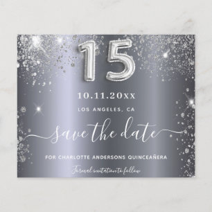 Quinceanera zilveren glitter save the date