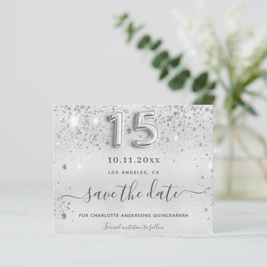 Quinceanera zilveren glitter save the date kaart (Staand voorkant)