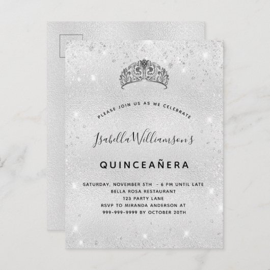 Quinceanera zilveren glitter tiara kroon uitnodiging briefkaart (Voorkant / Achterkant)