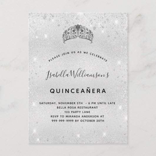 Quinceanera zilveren glitter tiara kroon uitnodiging briefkaart (Voorkant)
