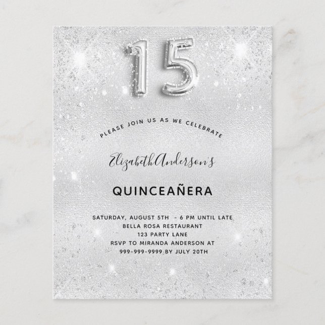 Quinceanera zilveren glitter uitnodiging (Voorkant)