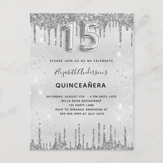 Quinceanera zilveren glitter uitnodiging (Voorkant)