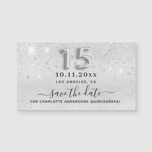Quinceanera zilveren glitters Bewaar de datum-magn (Voorkant)