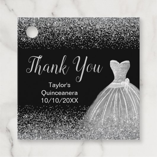 Quinceanera zilveren jurk faux glitter bedankjes labels (Voorkant)