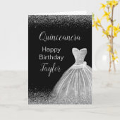 Quinceanera zilveren jurk faux glitter kaart (Gele Bloem)