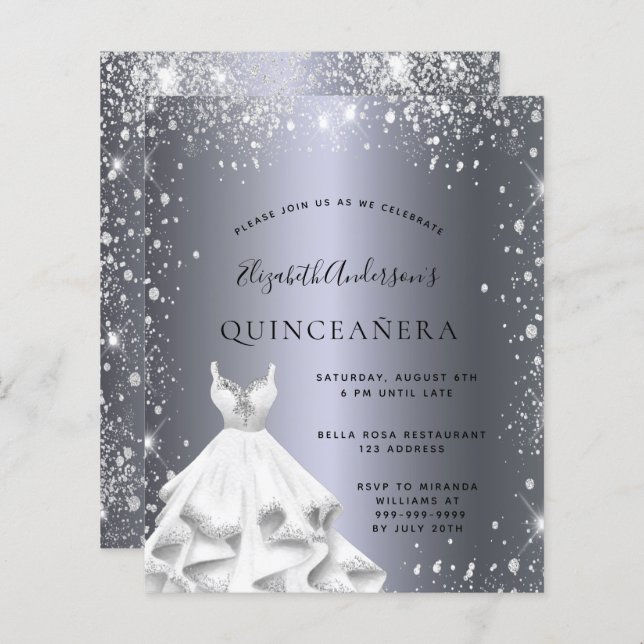 Quinceanera zilveren jurk glitter uitnodiging (Voorkant / Achterkant)