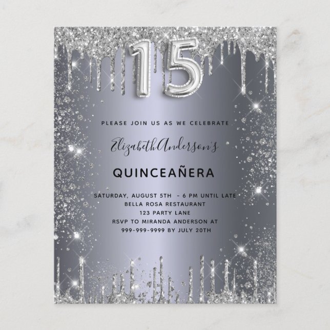 Quinceanera zilveren metalen glitter uitnodiging (Voorkant)