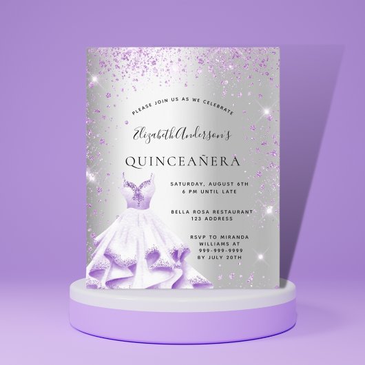 Quinceanera zilveren paarse jurk glitters kaart
