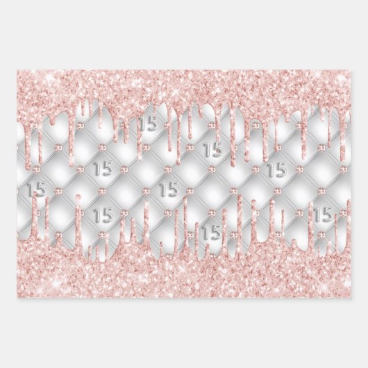 Quinceanera zilveren roos gouden roze druppels inpakpapier vel (Voorkant 2)